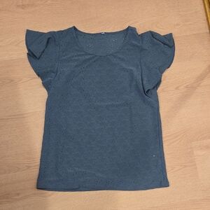 Blue Eyelet Flutter Sleeve Top